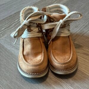Kids Tan Ankle Boots with Faux Suede & Sweater Knit Cuff Accent & Tie‎ Closure 8